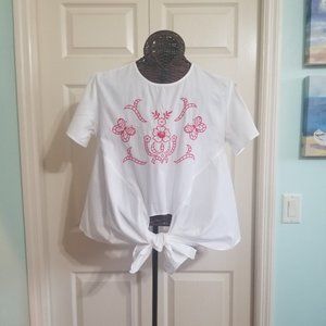 STYLE ENVY Unique  Tie Front Blouse w/Embroidery
